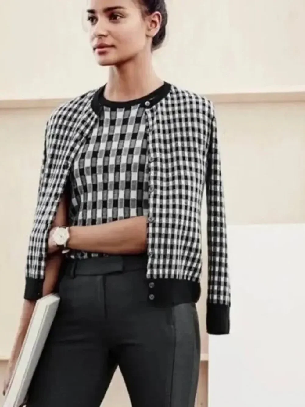 J. Crew Collection Women Cardigan Sz M Black White Gingham 100% Italian Cashmere